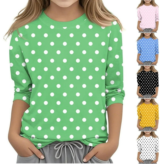 PXLKNZH Girls 3/4 Sleeves T-Shirt Kids Casual Swiss Dot Print Tunic Tops Loose Comfy Soft Tees Blouses 3-12 Years Black,120