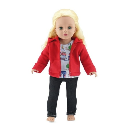 18 Inch Doll Clothes | Hooded Fleece Jacket Outfit with Pockets, Includes Black Stretch Skinny Jeans and Short Sleeved T-Shirt with Scenes of Paris | Fits American Girl