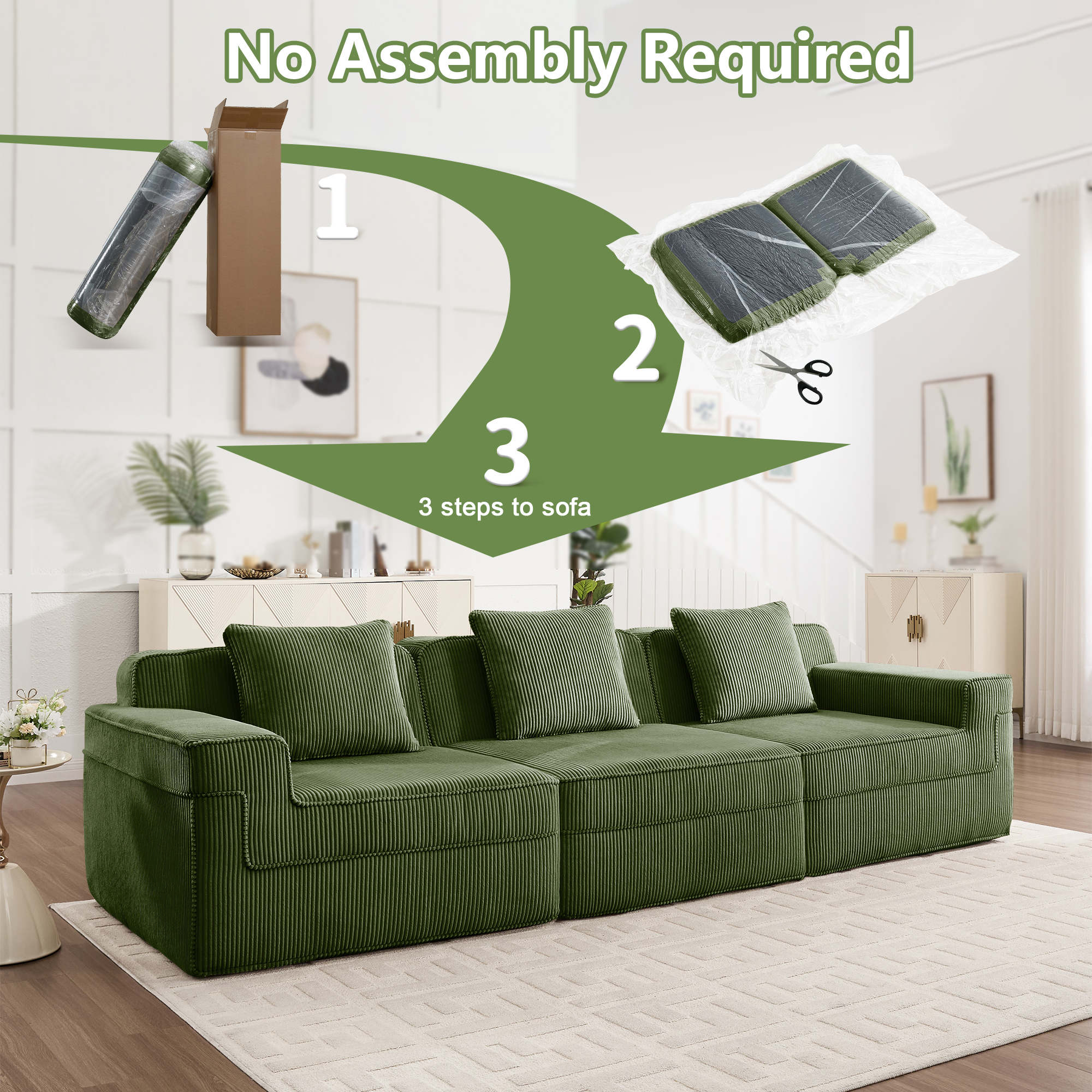 Modular 3 Seat Boneless Sofa, Cloud Sectional Couch with Deep Seat, Modern Modular 3-Seat Sofa Couch with Throw Pillows Corduroy Fabric Green