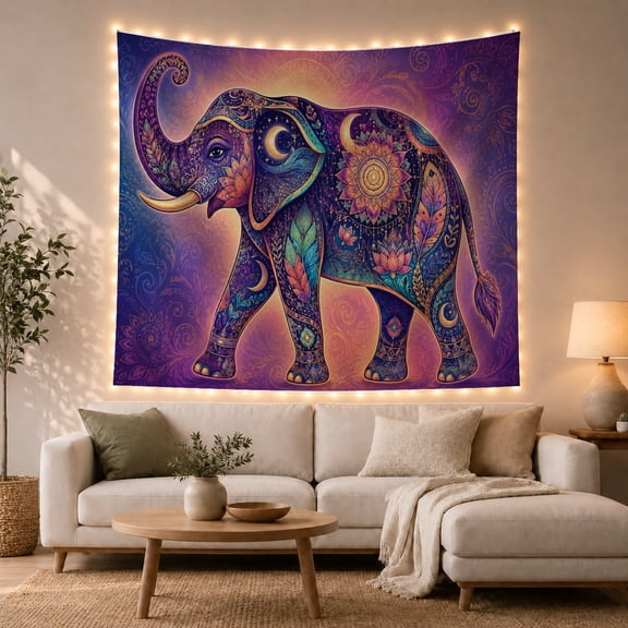 Celestial Elephant with Swirling Ornate Background, Mystical Psychedelic for Spiritual Decor Lovers, Boho Mandala Wall Art, Housewarming Gift, Tapestry Wall Hanging for Bedroom and Living Room