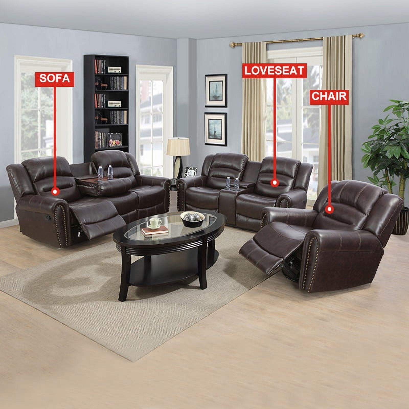 Irene Inevent 3-Piece Leather Sofa Set, Couch Recliner Sofa Set Semi PU Synthetic Leather Sofa Loveseat Chair for Living Room, Brown