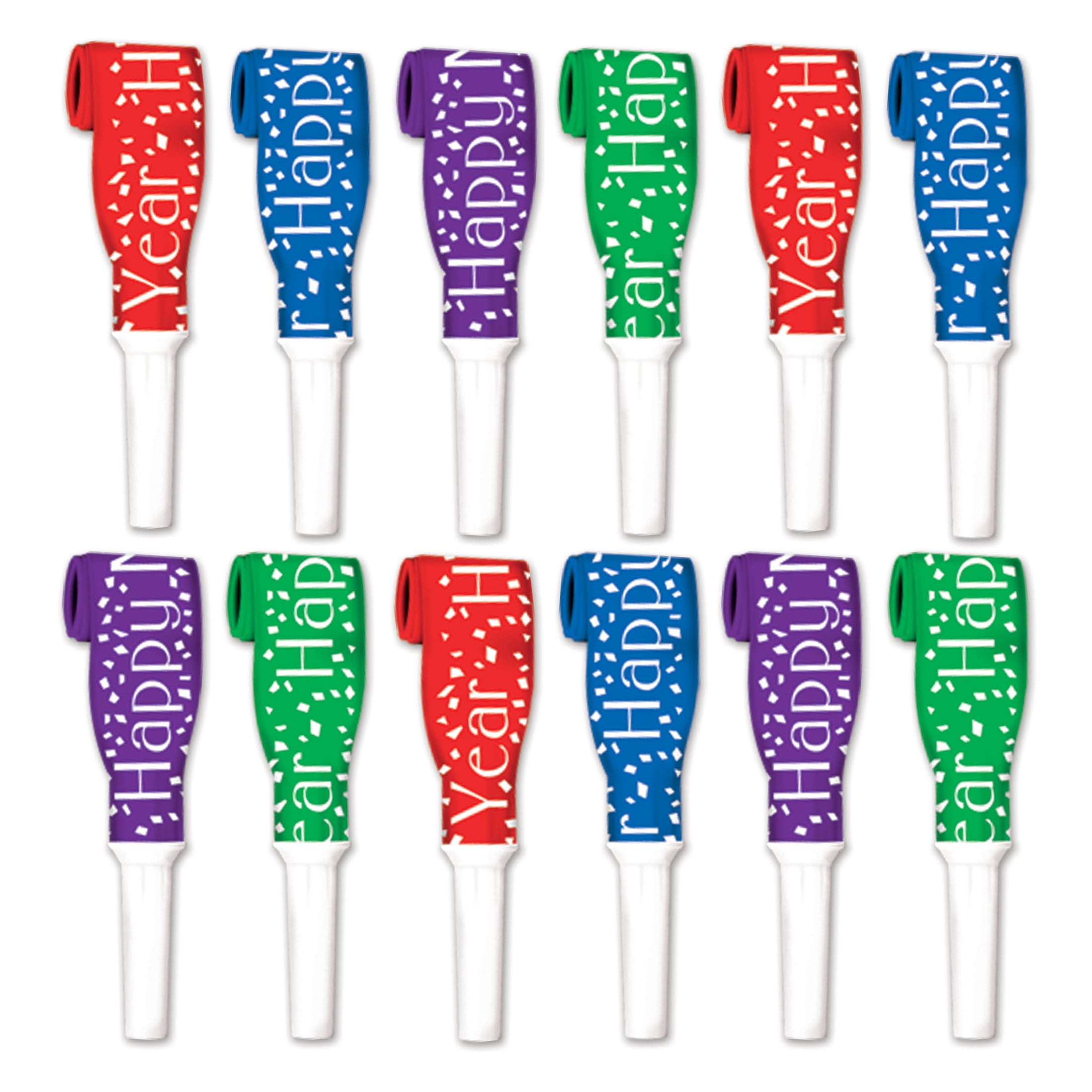Beistle New Year's Eve Party Red, Blue, Green, and Purple Paper Blowout Noisemakers, 12/Pkg