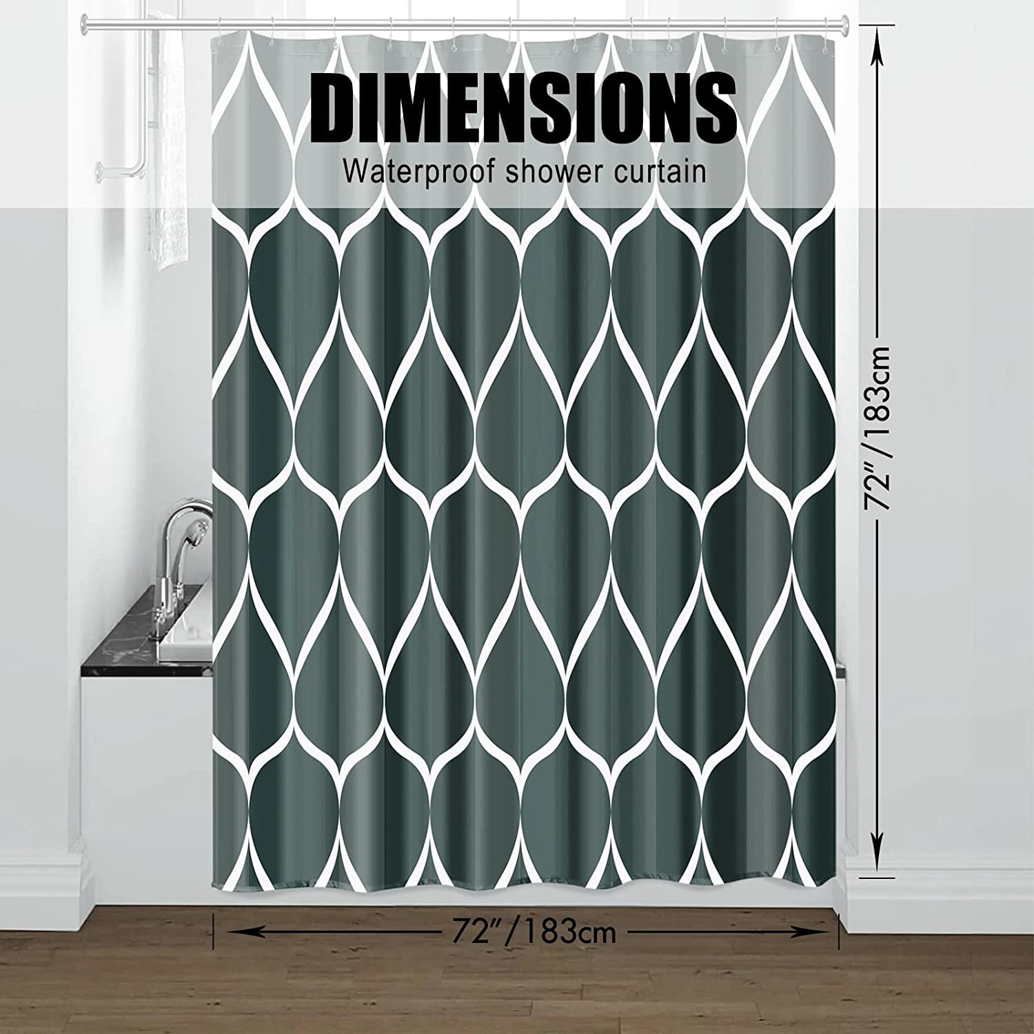 Black Dark Green Geometric Shower Curtain,Waterproof Design and Polyester,Quick-Drying,Weighted Hem,Black Green Shower Curtains Set for Bathroom W 72 x H 72,Durable and Washable with 12 Hooks