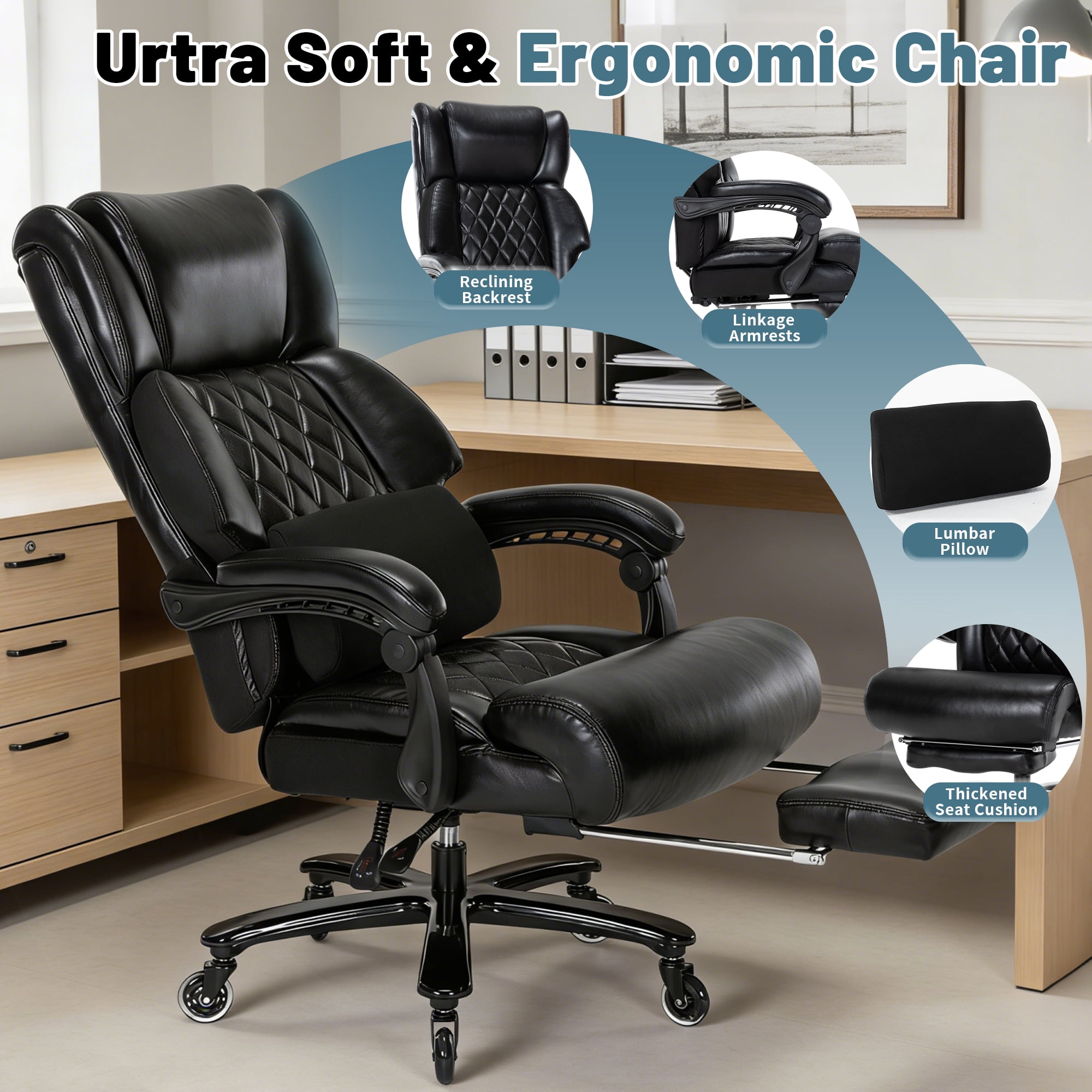 Big and Tall Office Chair 800 lb Capacity, Extra Wide Seat, Reclining Ergonomic Chair with Footrest for All Day Comfort