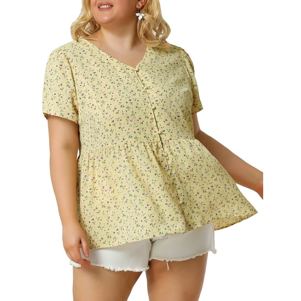Women's Plus Size V Neck Ruffle Hem Short Sleeve Cinched Waist Floral Peplum Top Yellow 3X
