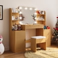 thumbnail image 4 of 53" Makeup Vanity Set with Mirror and Lights, NEORIVER Big Brown Makeup Vanity Desk with Chair and Power Outlet, 3 Color Lighting Modes & Adjustable Brightness for Bedroom, 4 of 9