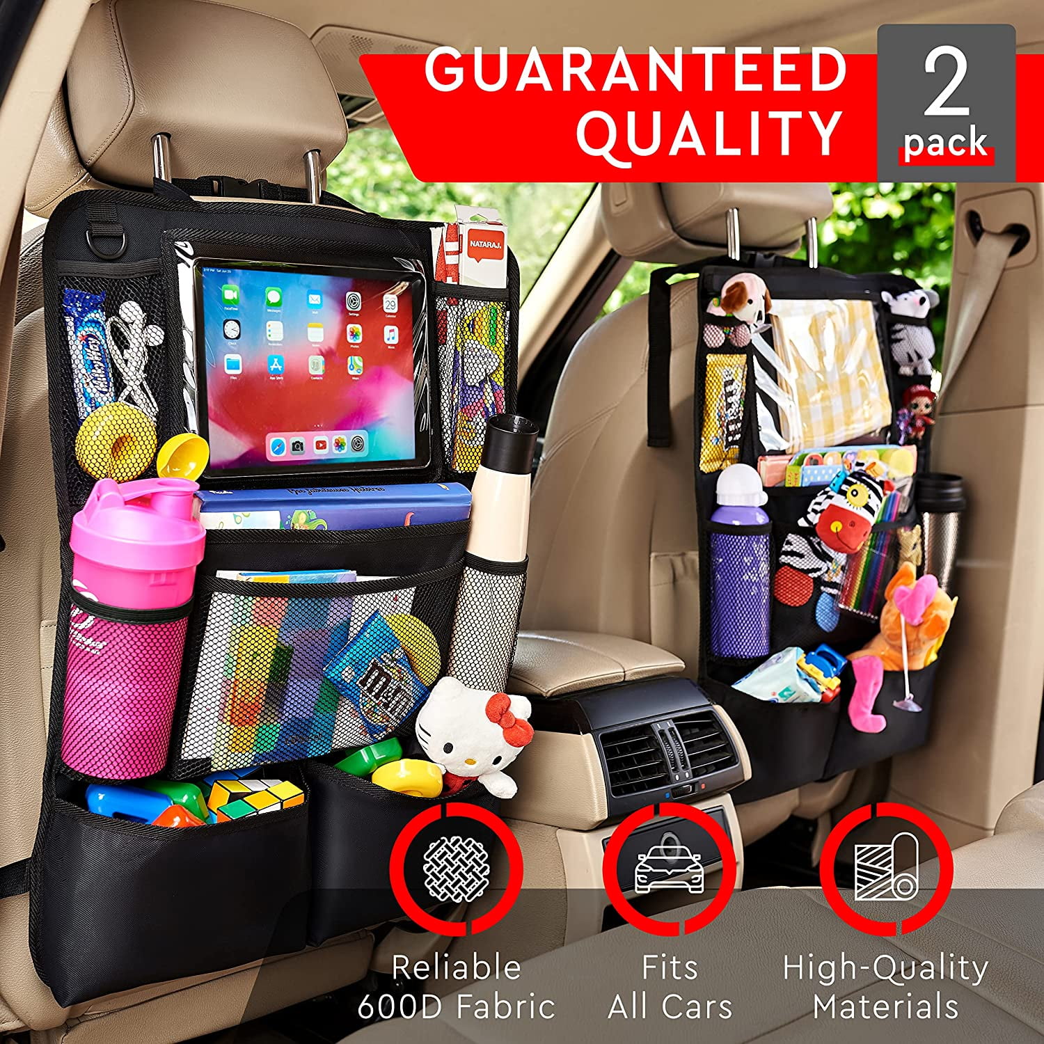 2 Pack YMD Backseat Car Organizer with 11 inches Touch Screen Tablet Holder 4 USB Charging Port Car Seat Back Kick Mats Protector Travel Accessories for Kids 