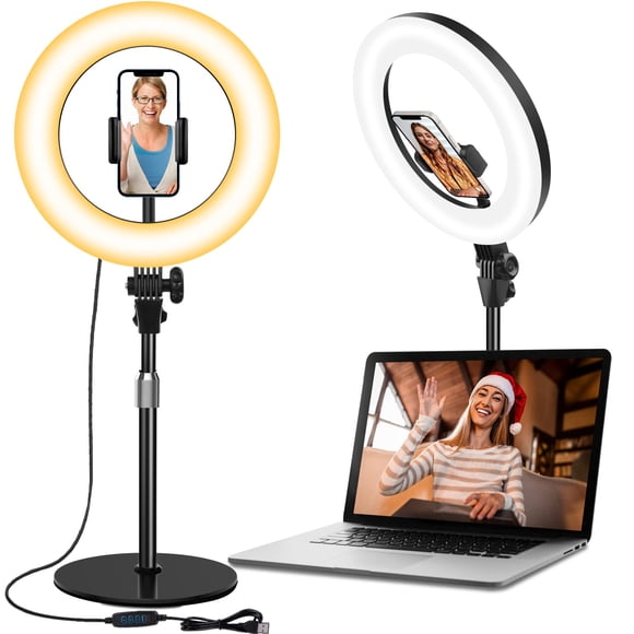 Desk Ring Light with Stand, 10.5'' Circle Light with Phone Holder for Video Recording, Adjustable Halo Light for Computer Zoom Meeting, Laptop Light for Conference Video Calls, P