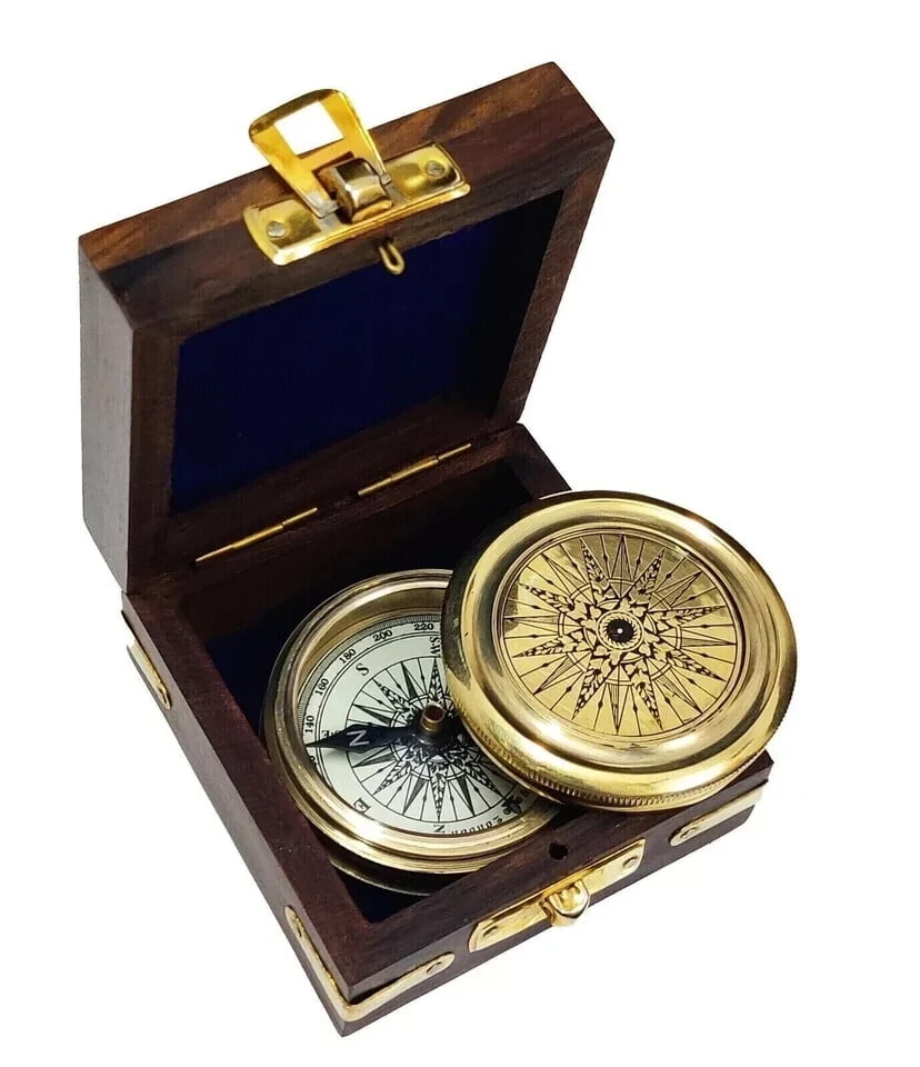 Solid Brass Push Button Pocket Compass Stanley London 1917 Ship, Reproduction