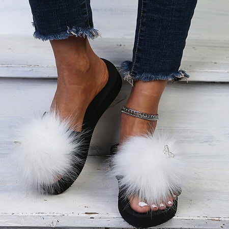 

Women s Outer Wear Fashionable Furry Flip-Flops Wedge Platform Slippers