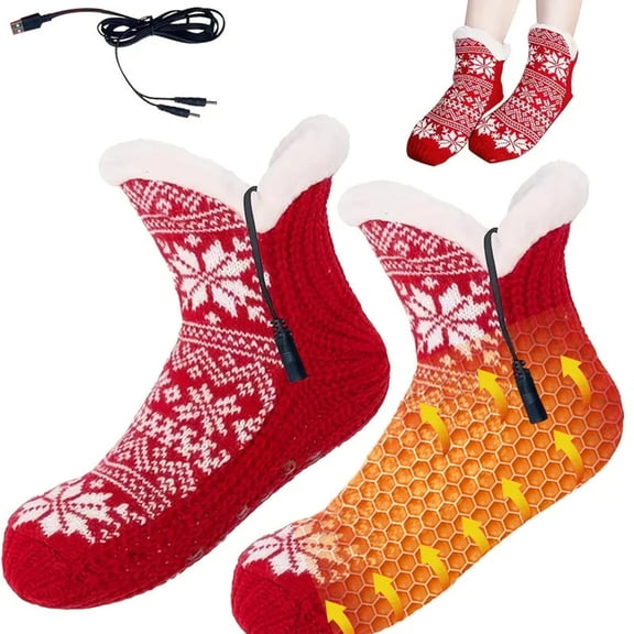 Electric Heated Socks Slippers for Men Women, Winter USB Heating Pad Knitted Socks Foot Heater, Non- Thermal Heating Socks Foot Warmer for Indoor Home Office Cold Feet