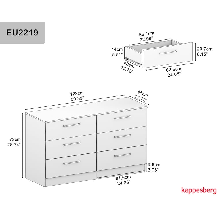 Kappesberg Jolyne 6-Drawer Horizontal Dresser for Adults and Teens, 50.39" W x 28.5" H x 17.7" D, White MDF and MDP