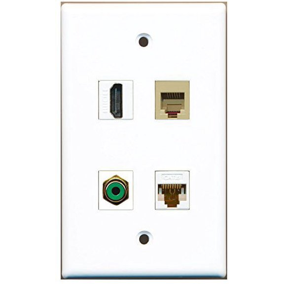 RiteAV - 1 Port HDMI 1 Port RCA Green 1 Port Phone RJ11 RJ12 Beige 1 Port Cat6 Ethernet White Wall Plate