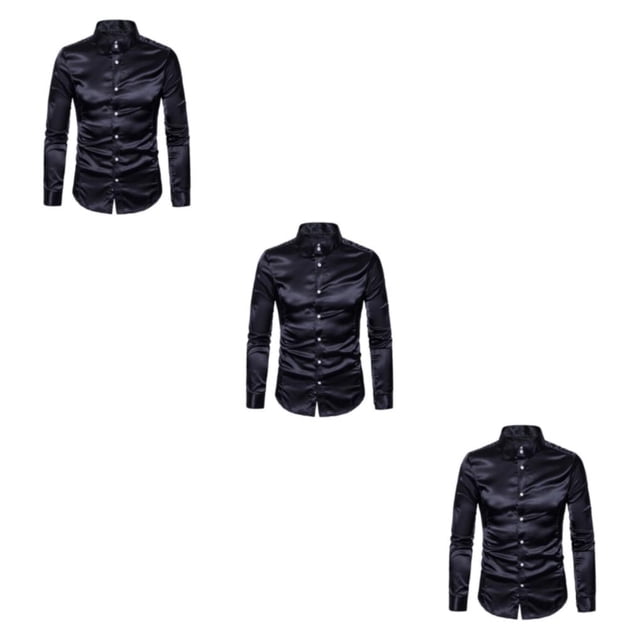Qarigey Camisa transpirable para hombre Satén con mangas largas - Trabajo Boda o hogar Camisa para hombre Manga larga formal Negro grande S Type1 NO1