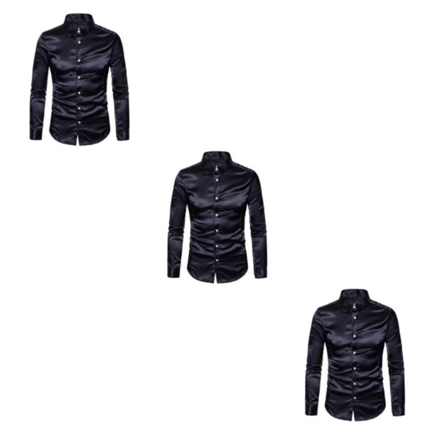 Minnieouse Camisa transpirable para hombre Satén con mangas largas - Trabajo Boda o hogar Camisa para hombre Manga larga formal Grande negro L Type1 NO1