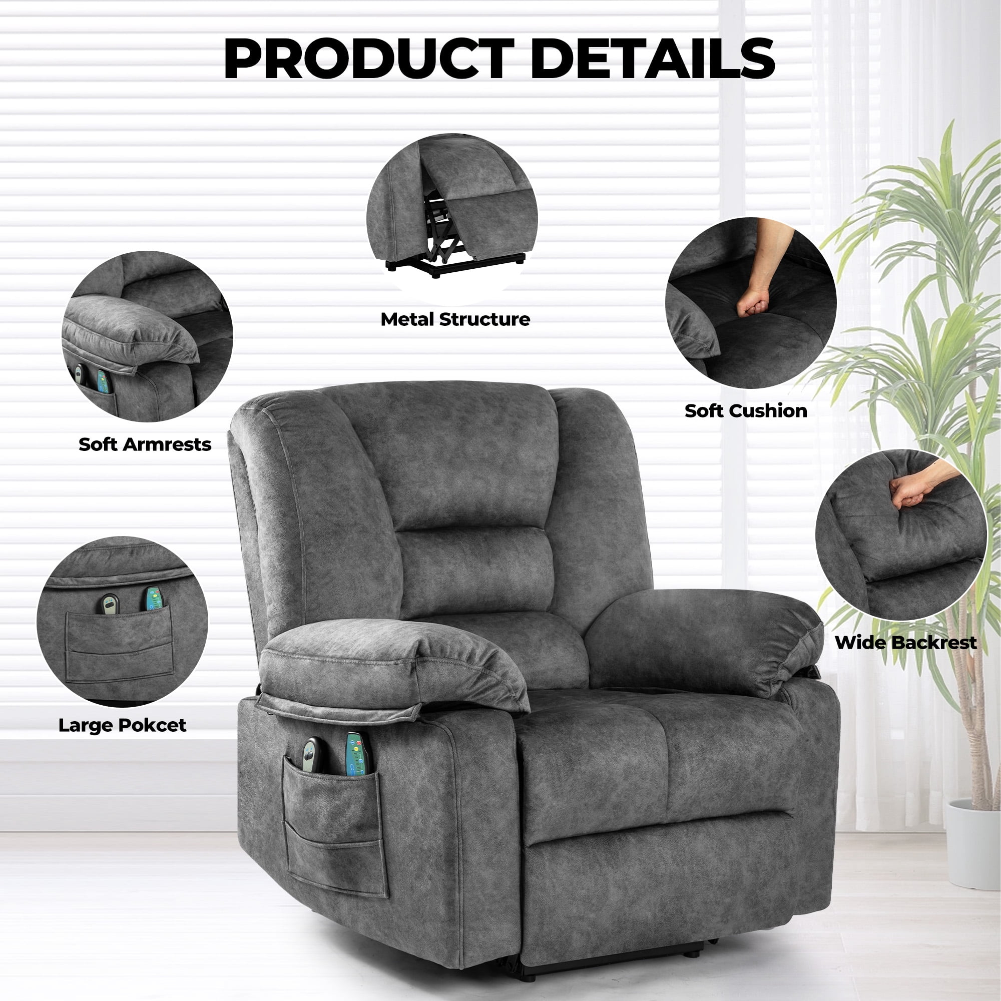 Aukfa Power Lift Recliner Chair with Massage for Elderly,Velvet,Gray