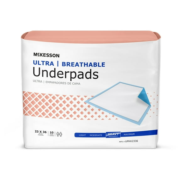 McKesson Ultra Breathable Underpads, Incontinence Bed Pads, Heavy Absorbency, 23 in x 36 in, 10 Count