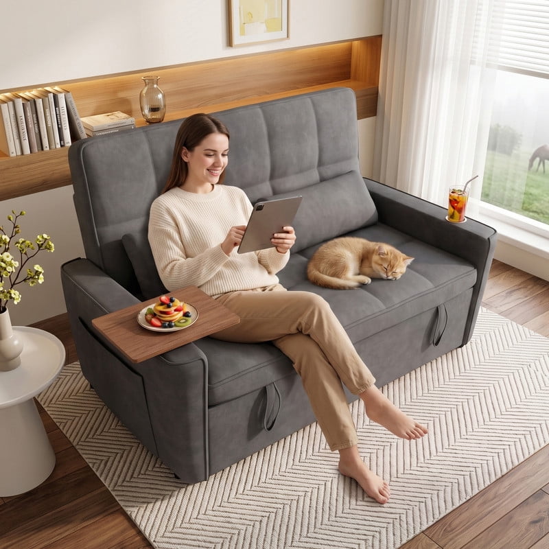 Anpport 3‑in‑1 Convertible Sleeper Sofa Bed, Pull‑Out Sofa with Side Desk, USB Ports, Cup Holders, Storage Armrests & Adjustable Backrest for Living Room Apartment, Dark Gray