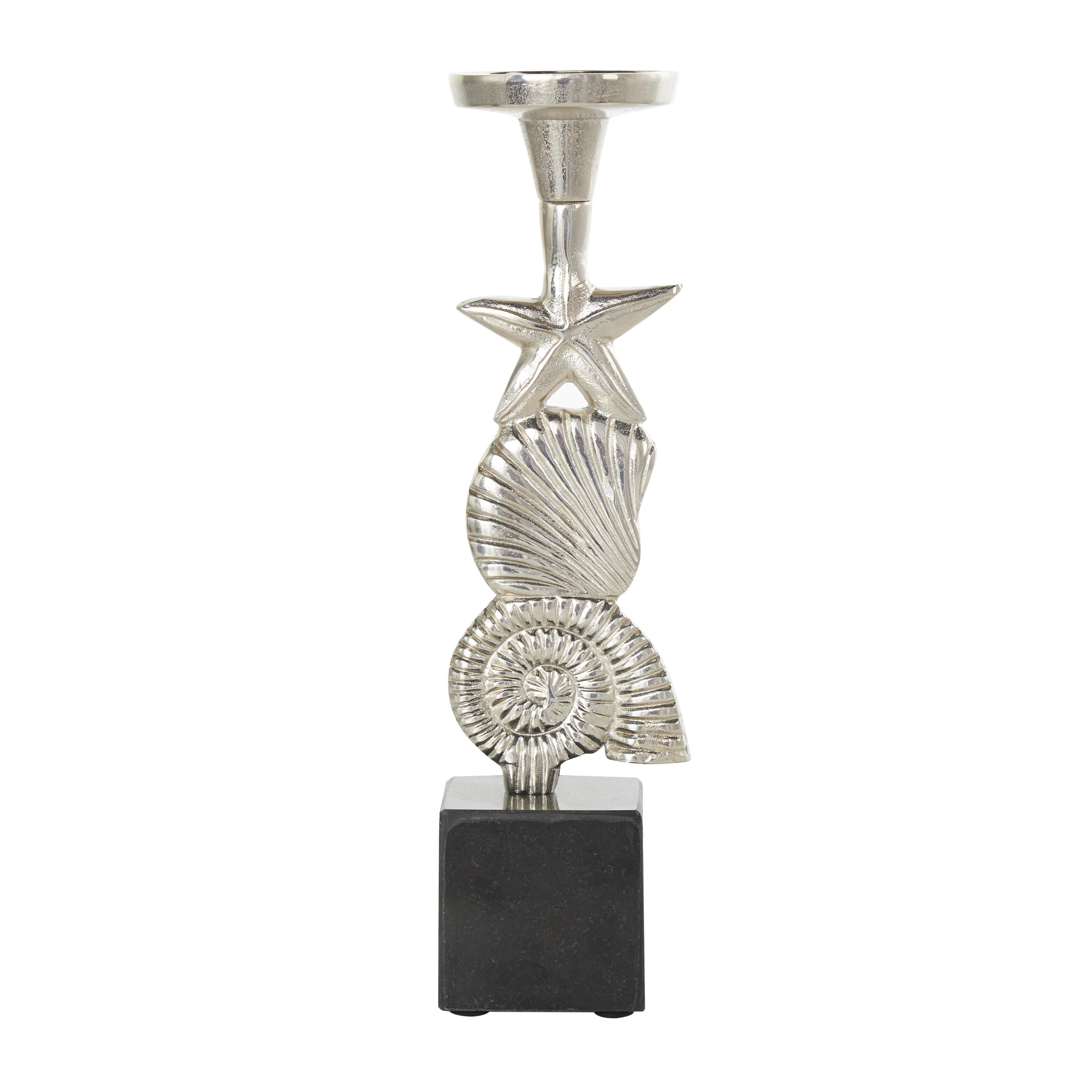 DecMode 2 Candle Silver Aluminum Metal Shell Candle Holder with Black Marble Bases, Set of 2