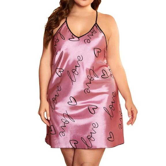 Ujnder Valentine's Day Plus Size Nightgown Backless Ice Silk Suspender Deep V Neck Short Pink XL