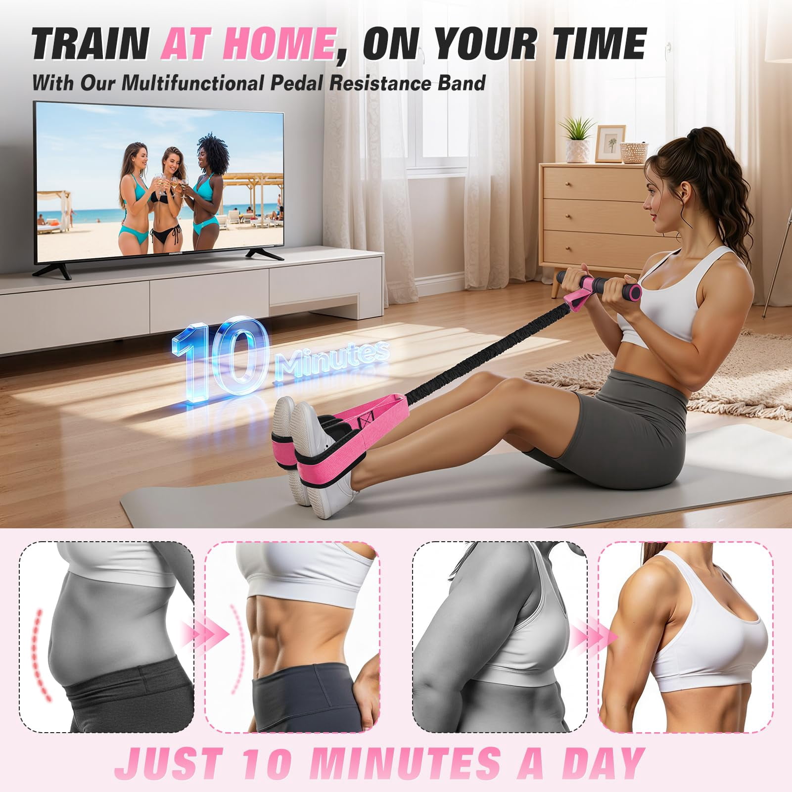 Upgraded Pedal Resistance Band with Handles, Foot Pedal Resistance Bands for Women, Core Abs Leg Training, Exercise Bands for Full Body Workout, Home Gym Equipment, Pilates & Physical Therapy