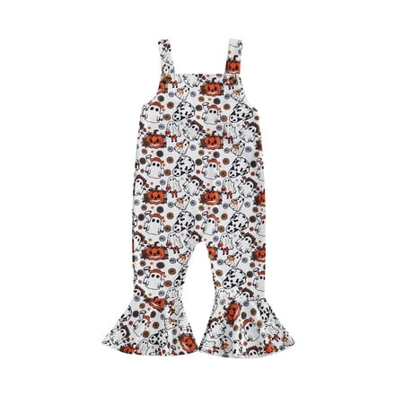

ESASSALY Baby Girl Halloween Overalls Pumpkin Sleeveless Bell Bottom Jumpsuit