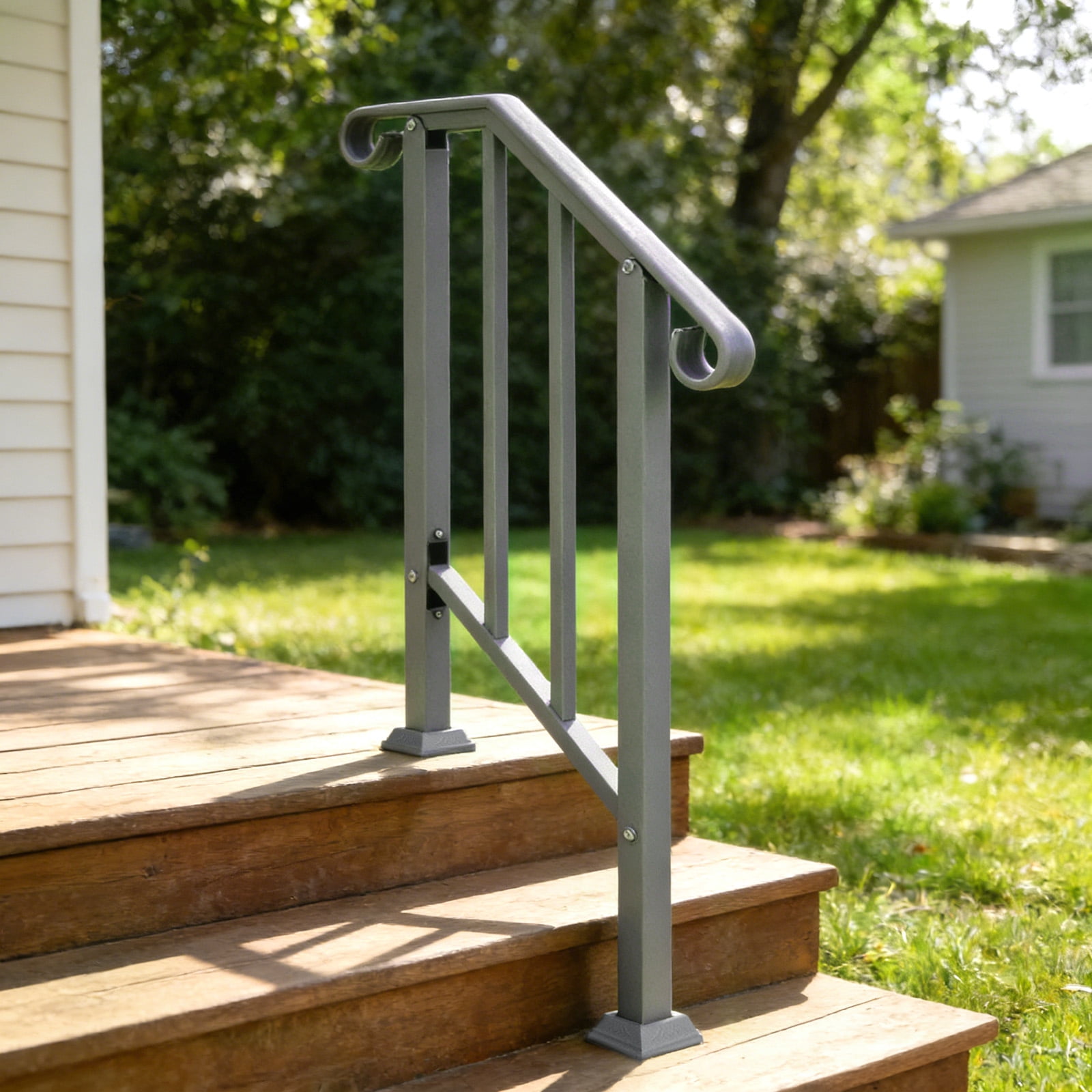 Silver Galvanized Iron Single Step Outdoor Stair Handrail Weather Resistant Anti-Rust Porch Step Safety Railing With Full Installation Hardware