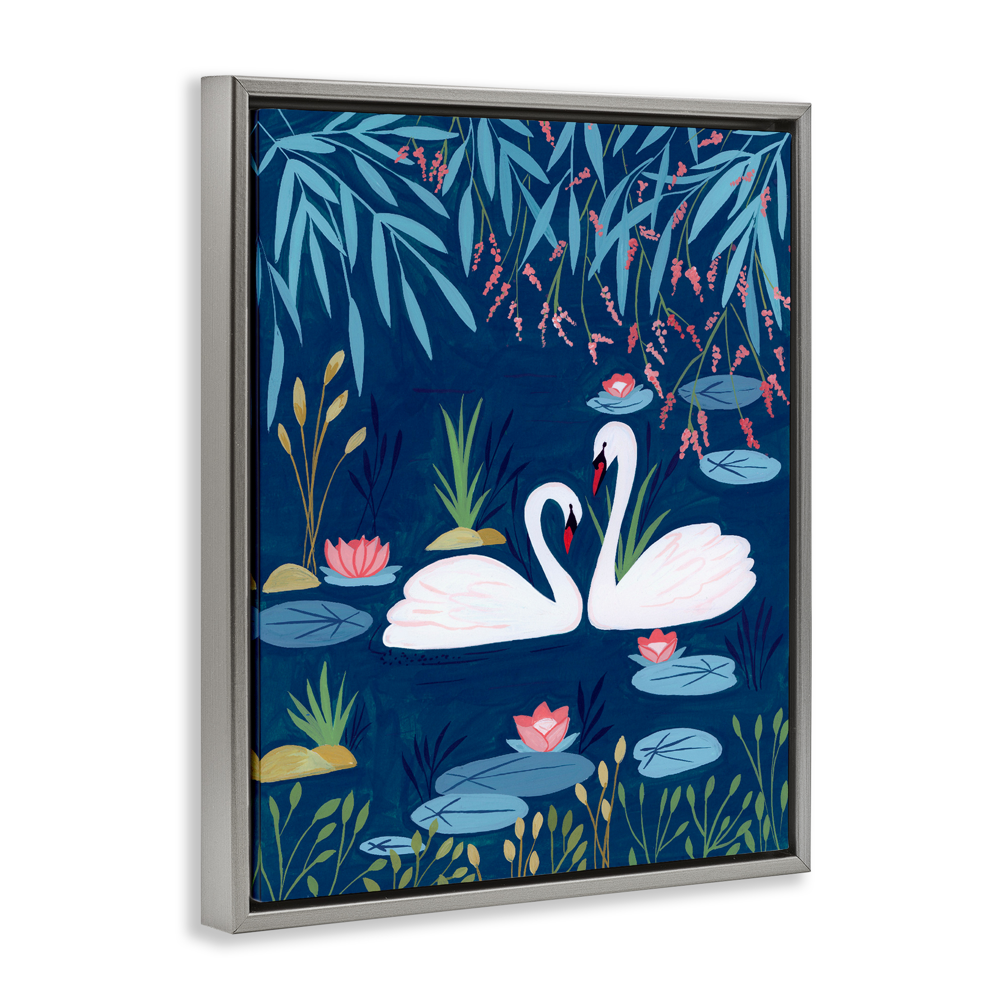 Swan Pair on Blue Pond Gray Framed Floater Canvas Wall Art, design by Nabeela Rumi