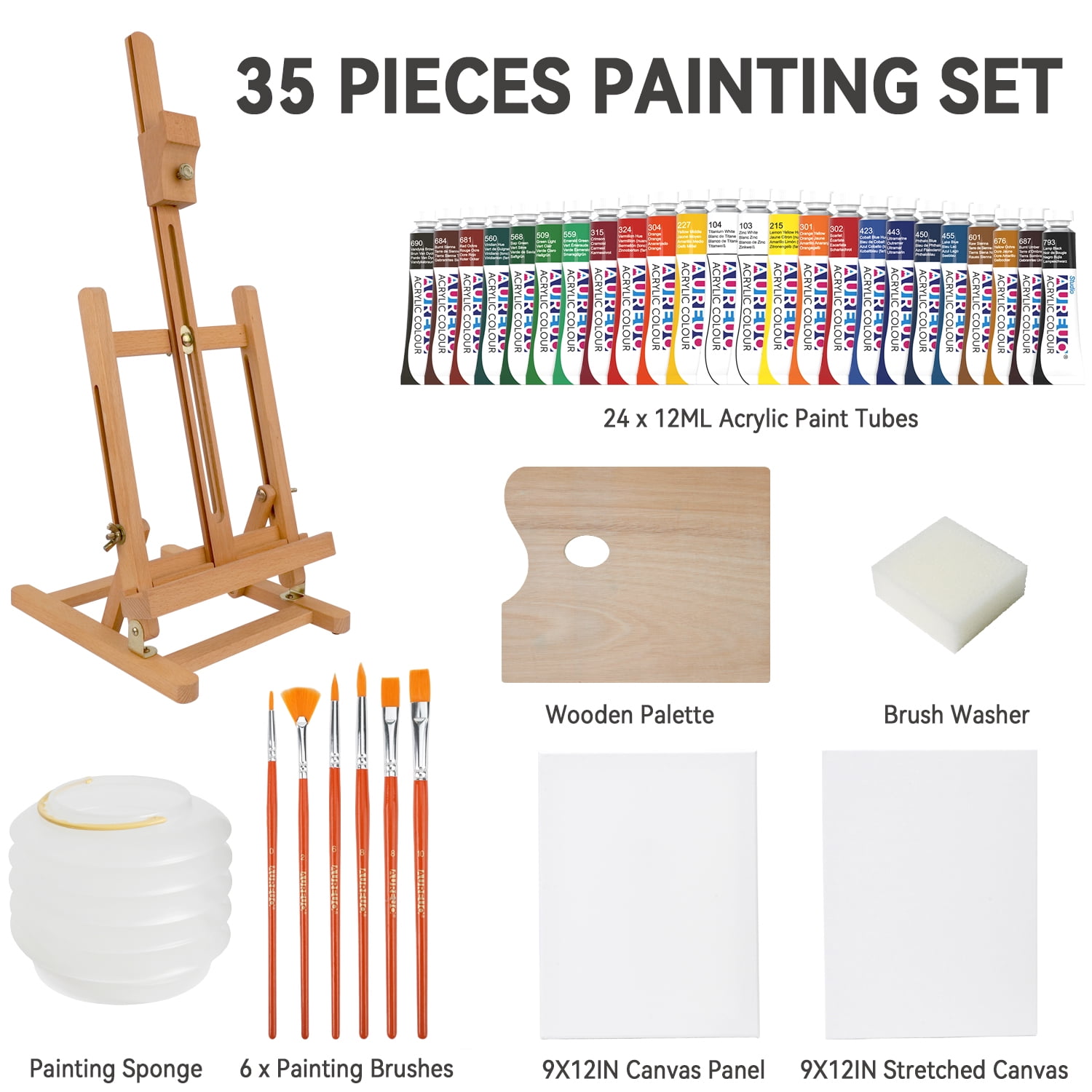 AUREUO 35PCS Acrylic Painting Set, Complete Starter Kit with Table Easel, 24 Colors Acrylic Paints, 5 Brushes, 2 Canvases, Palette, Brush Washer & Sponge for Artists, Hobbyists, Beginners
