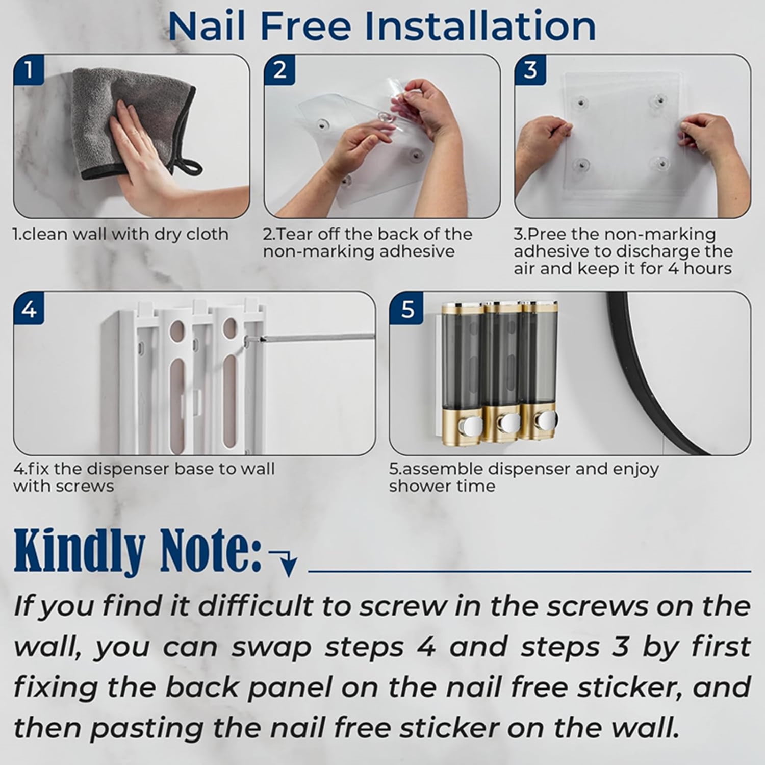 Shampoo and Conditioner Dispenser, Shower Soap Dispenser 3 Chamber No Drill Shampoo Dispenser for Shower Wall Mounted Shampoo Conditioner Body Wash Dispenser for Bathroom, Hotel Gold