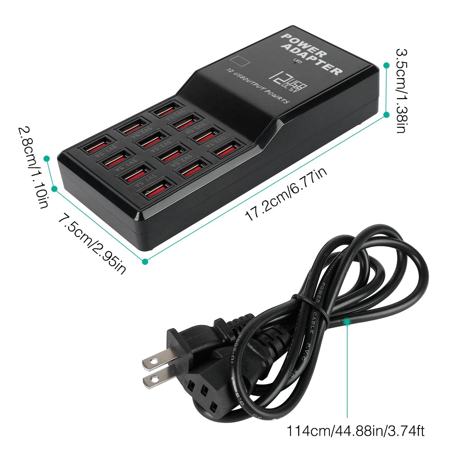 12-Port USB Charging Station 60W - Fast 3.5A Per Port Desktop Hub with Smart IC, Overload Protection for iPhone/iPad/Camera - Compact 6.7" Family Power Strip
