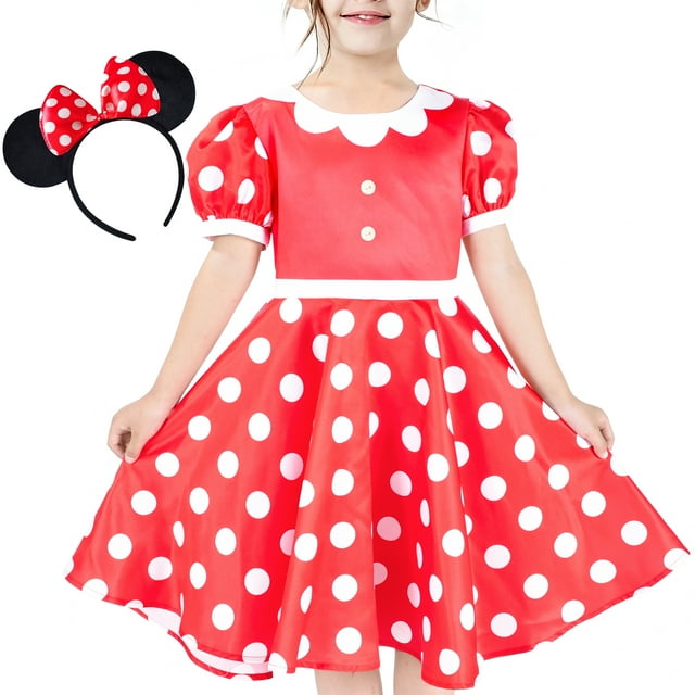 Robe Fille Rouge à Pois Blancs Col Fleur Costume d'Halloween Bandeau Nœud 4 Ans