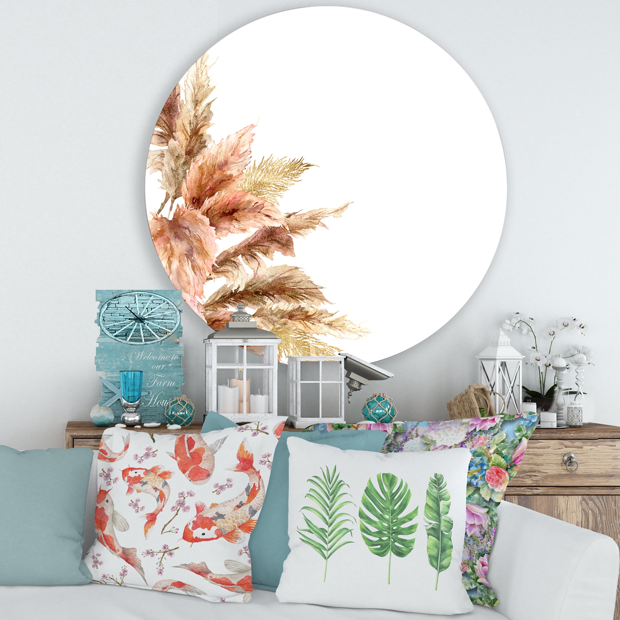 Designart 'Exotic Dry Pampas Grass On White Background' Traditional Circle Metal Wall Art 29x29 - Disc of 29