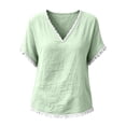 thumbnail image 4 of Linen Cotton Tops For Women Summer V Neck Short Sleeve Tassel Trim Casual Solid Classic Holiday Resort Weekend Outdoor Easy Outfit Elegant Laid Back, 4 of 6