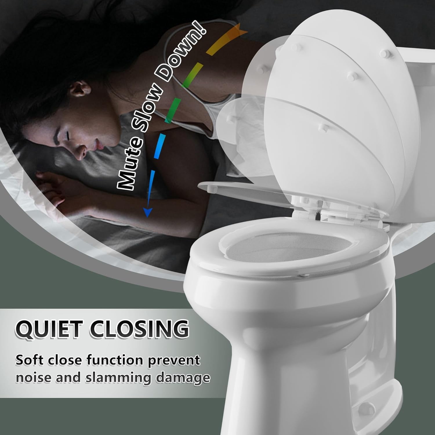 Elongated Toilet Seat  Quiet-Close Molded Wood Toilet Seat with Non-Slip Adjustable Hinges, Anti-Pinch Bumpers, Easy Install & Clean（White, Elongated 18.5''）