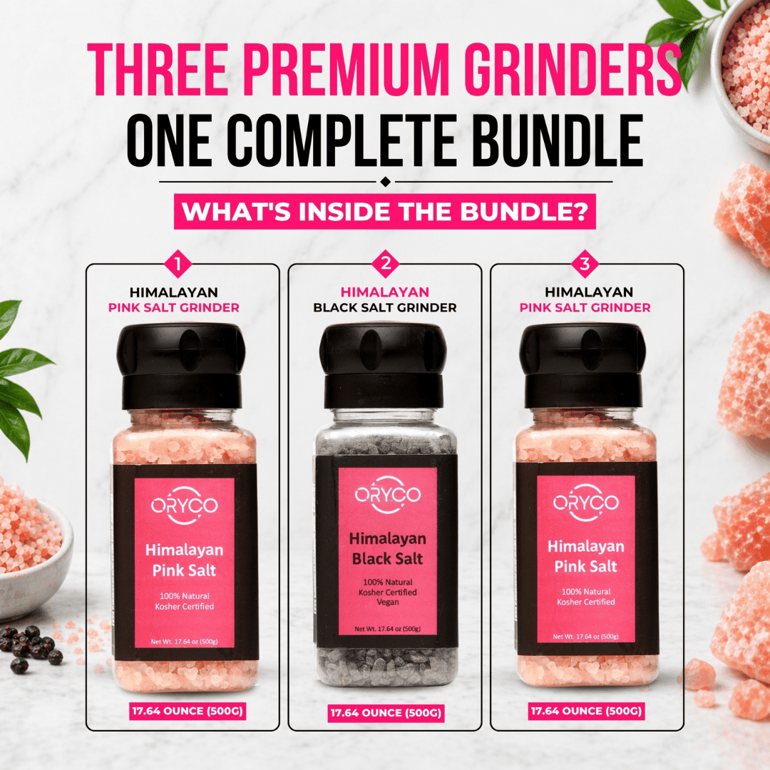 Oryco Himalayan Salt Grinder 2 Pink+1 Black Salt Bundle-3 Pack (17.64oz x3)