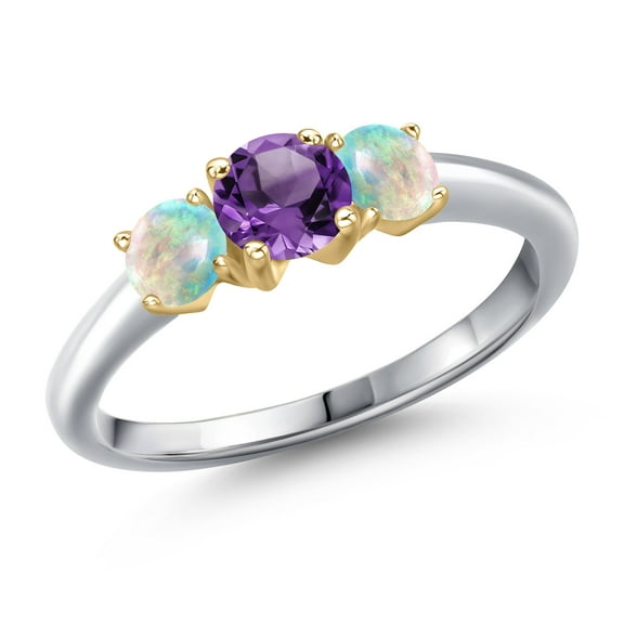 Gem Stone King 10K Two Tone Gold Purple Amethyst and Simulated White Opal Engagement Ring for Women | 0.98 Cttw | Round 5MM | Gemstone February Birthstone | Size 7