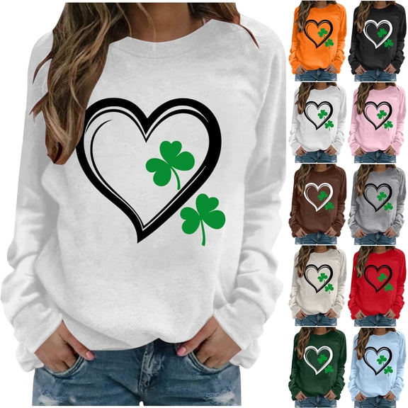 Cadancy Funny St Patricks Day Shirt Women Heart Irish Shamrock Print Long Sleeve Oversized Sweatshirts Crewneck Pullover Casual Holiday Tops