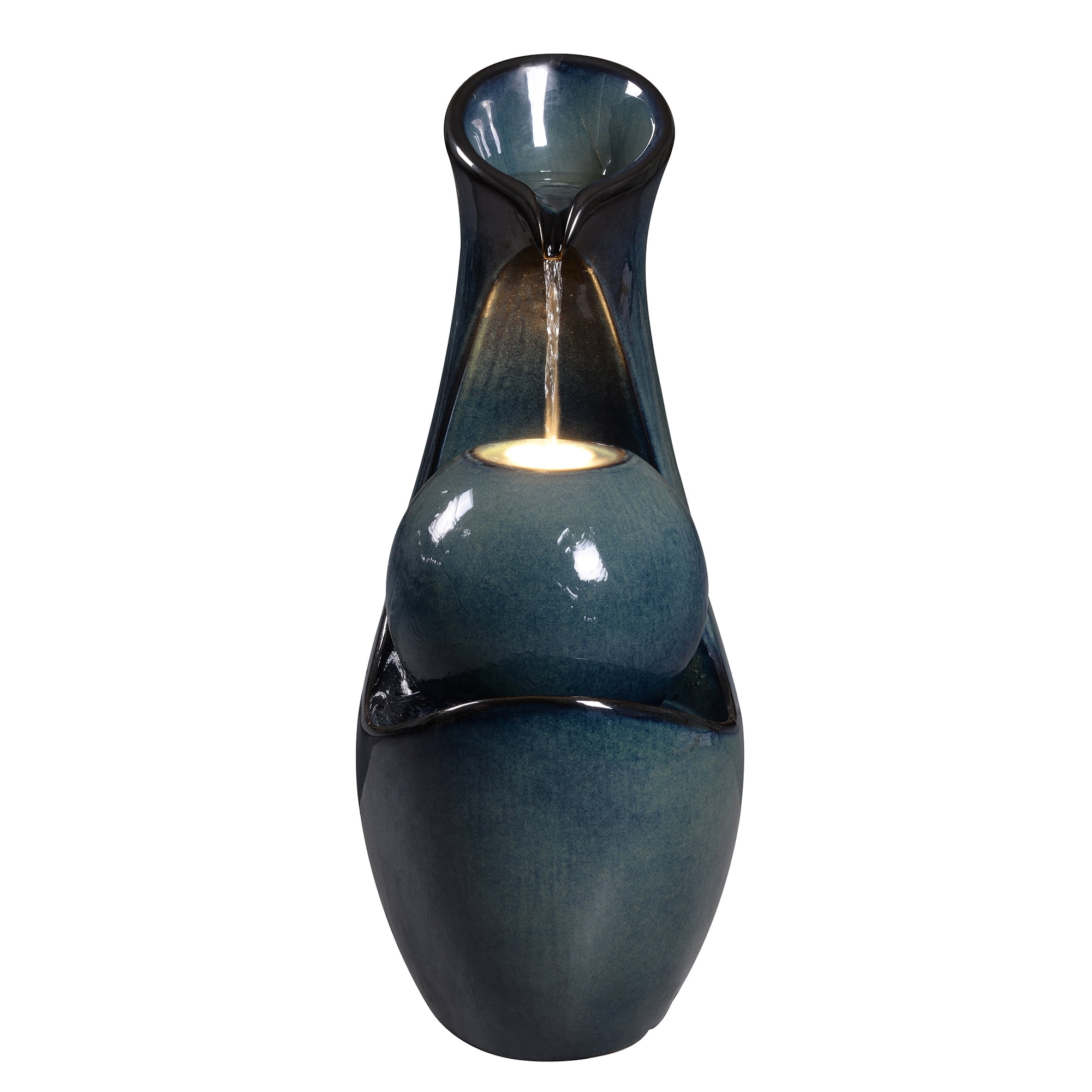 Blue Ceramic Sphere Cascade Fountain, Decorative Water Fountain with LED Lights and Quiet Pump, Indoor Outdoor Water Feature for Patio, Garden, Deck, Balcony, Office and Home Décor