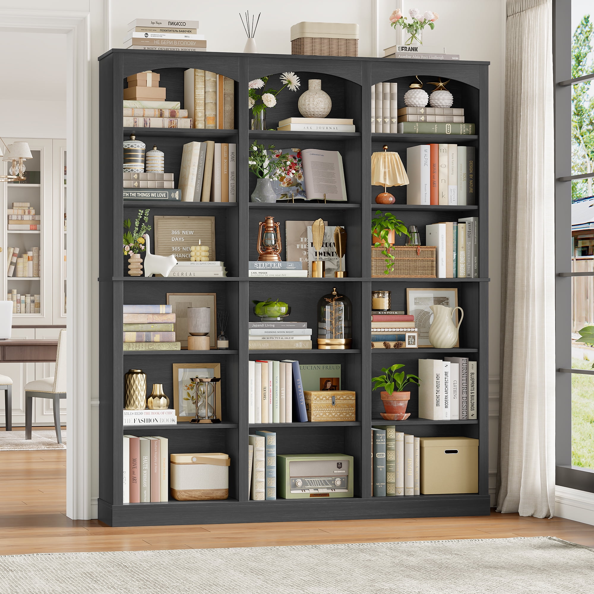 Homfa 18-Cube Bookcase and Bookshelves, 71.2" Triple Width 6-Tier Freestanding Arch Library Cabinet for Home Office Living Room, Dark Gray Texture