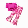thumbnail image 4 of UngA Kids Toddler Girl Clothes Puff Sleeve Smocked Shirt Top Leaf Print Flare Leg Pants 2PC Summer Clothing Set 3-4 Years,Hot Pink, 4 of 5