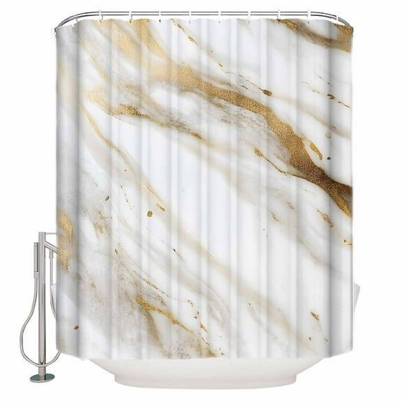 Extra Long Shower Curtain 72x84 Inch, Abstract White Gold Shower Curtain Waterproof Bathroom Decor Simple Marble Geometric Fabric Bath Curtain Set Accessories with Hooks