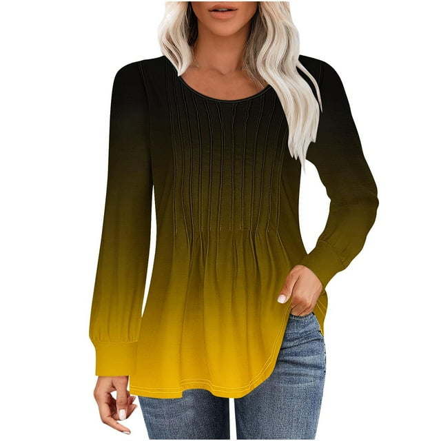 aidice Tops for Women Casual Round Neck Long Sleeve Ruched Shirts Comfy Fitting Gradient Color Tunic Tops