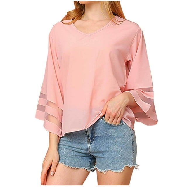 Womens Tops Mesh Panel Blouse V Neck Loose Long Sleeve Flowy Lightweight Casual Tunic Tops