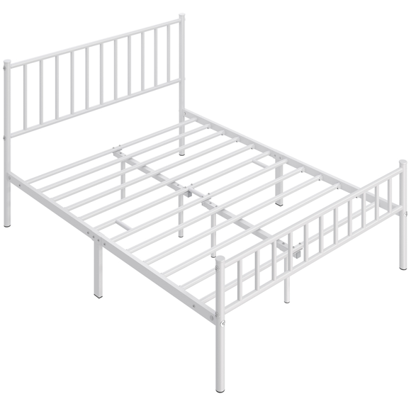 Fullfurnique Minimalist Metal Bed Frame with Vertical Bar Headboard and Footboard, Queen, White