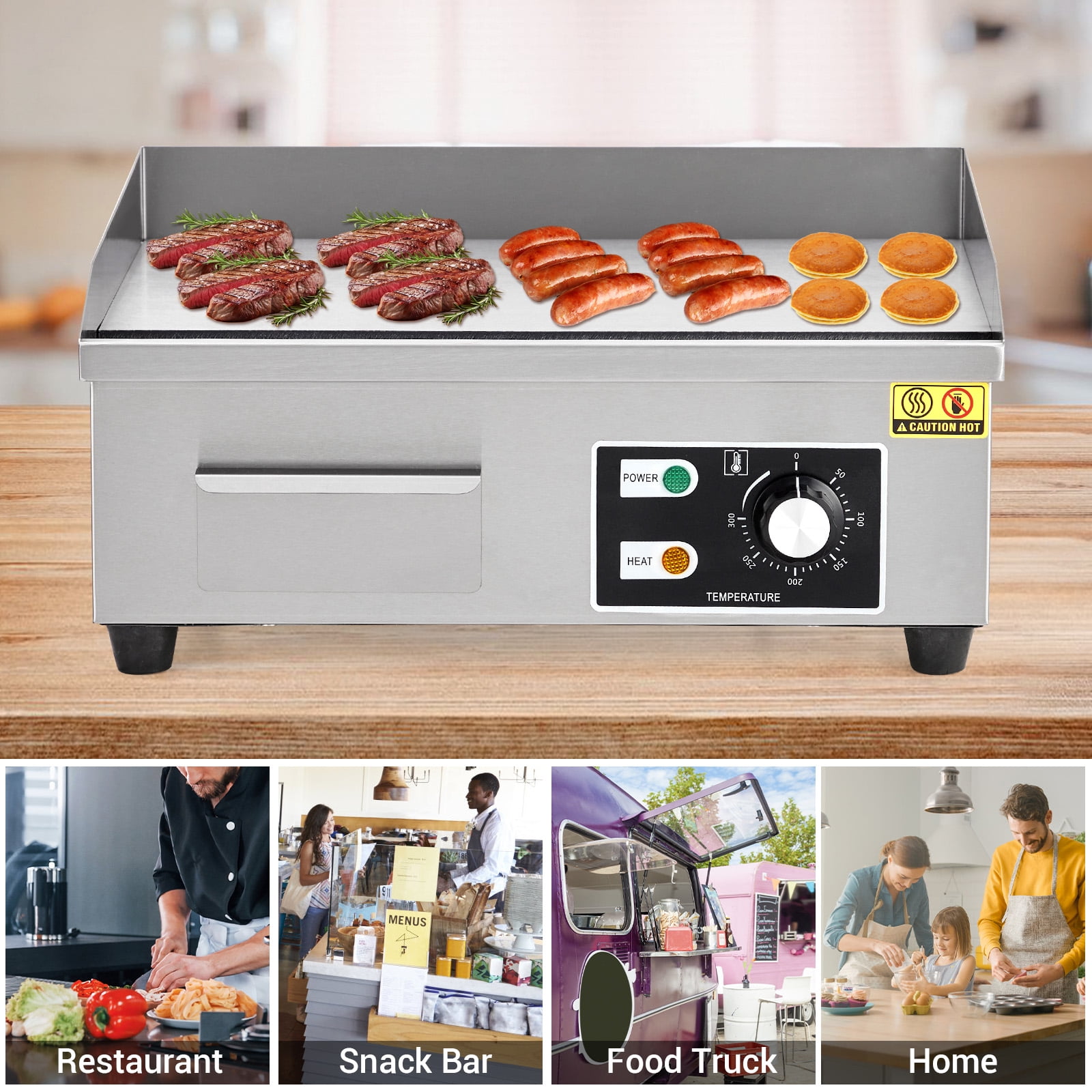 18" Commercial Electric Griddle, 1600W Stainless Steel Flat Top Teppanyaki Grill, Non-Stick, 122-572°F Adjustable Temp, Countertop BBQ, Includes 2 Shovels & 2 Brushes, for Kitchen & Restaurant