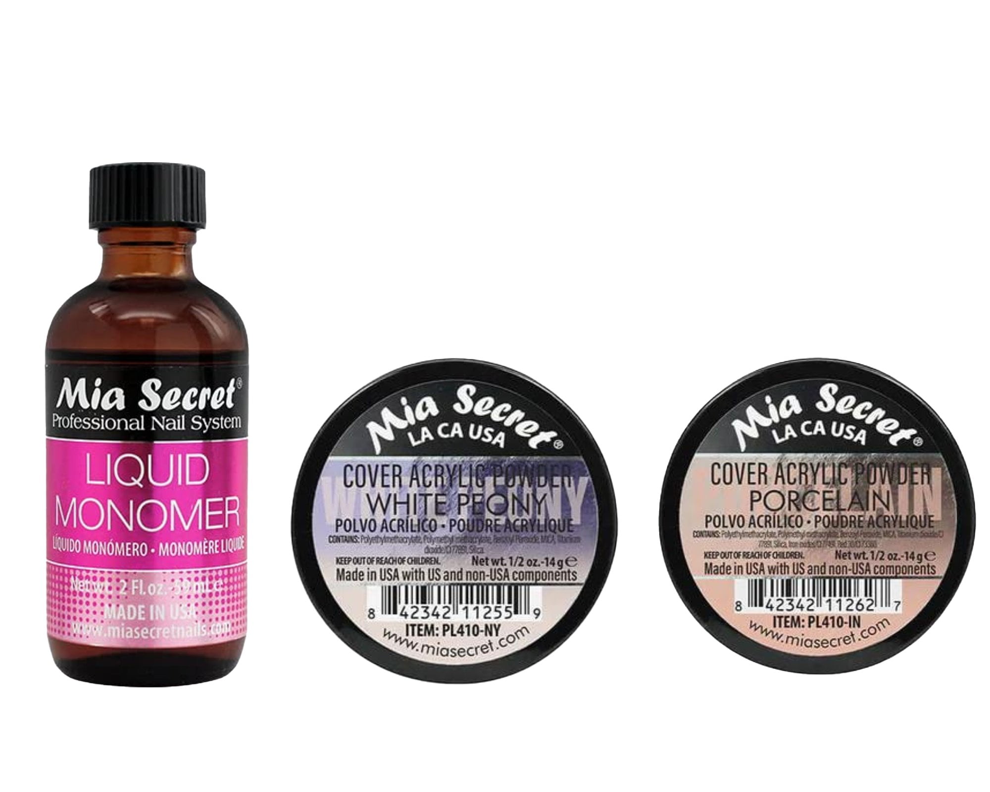 Mia Secret - Liquid Monomer 2oz & Cover Acrylic Powder (Cover White Peony+ Porcelain) 0.5 oz Combo