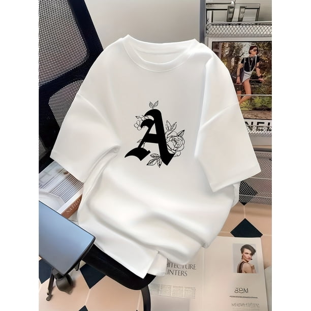 Camiseta informal juvenil de cuello redondo con diseño geométrico de la letra A, 95 % algodón, 5 % elastano, tejido de punto ligeramente elástico, corte regular, ideal para primavera/verano, para ch