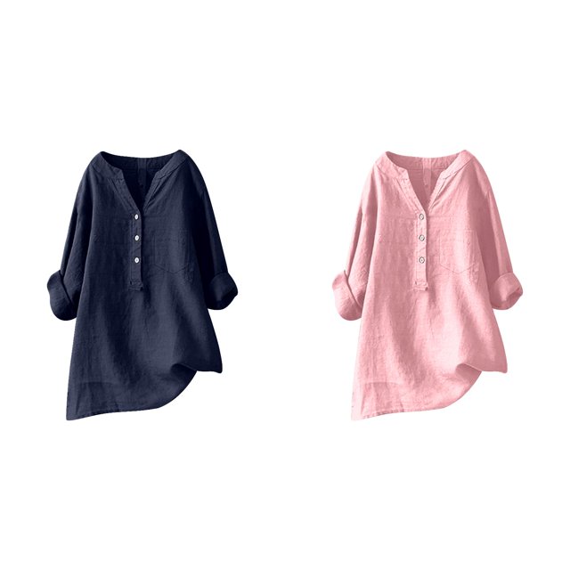 (2-Pack) Rinsvye Womens Solid Color Long Sleeve Mandarin Collar Blouse Women Clothing Timeless Design