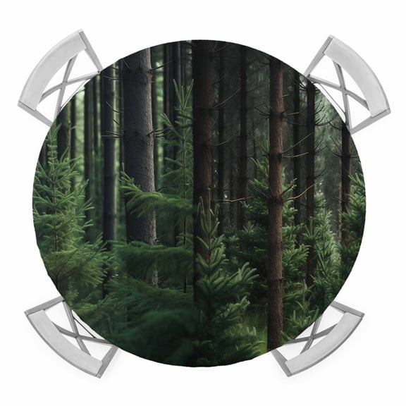 Green Forest Round Tablecloth for 55-60 Inch Tables,Fitted Table Cover with Elastic Edge,Mysterious Primitive Forest Pine Tree Waterproof Outdoor Table Cloth Protector for Patio Garden Dinner Picnic